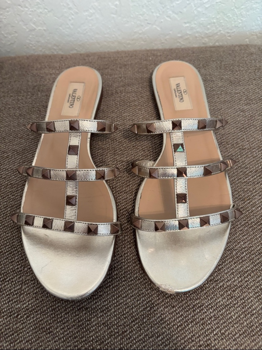 Valentino Metallic Skin Triple-Strap Rockstud Slide Sandals